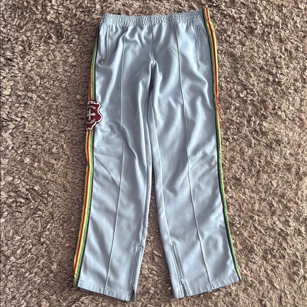 Light Blue Track Pants with Rainbow Stripes
